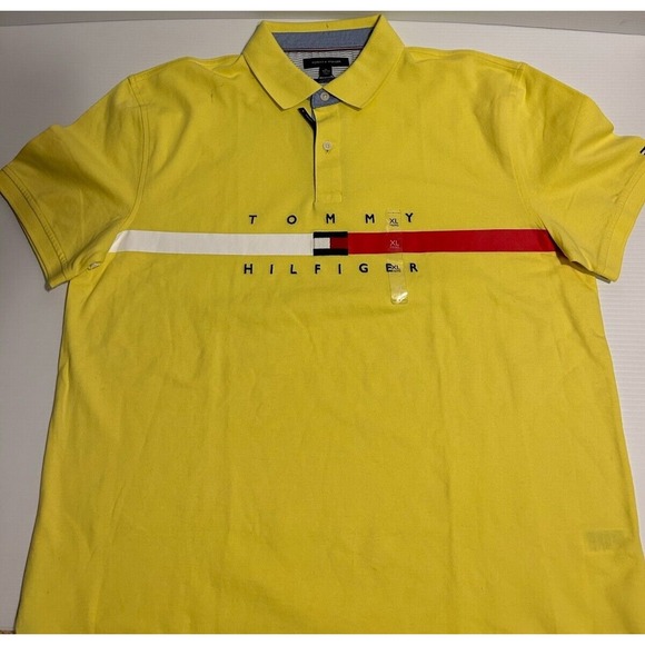 Tommy Hilfiger Other - Tommy Hilfiger Men's Bar Stripe Logo Polo Shirt Yellow White Red Size XL READ